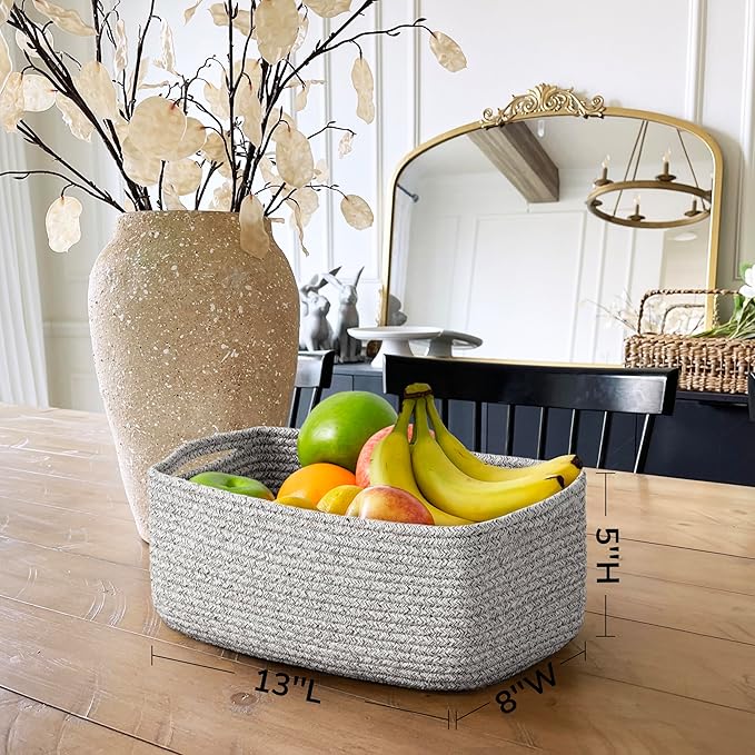 Goodpick Storage Baskets, Storage Bins for Shelves Gift Baskets Empty Small Toy Baskets Baby Rope Basket Woven Basket for Towels for Decor 3 Pack, White & Gray, 13 x 8 x 5 in
