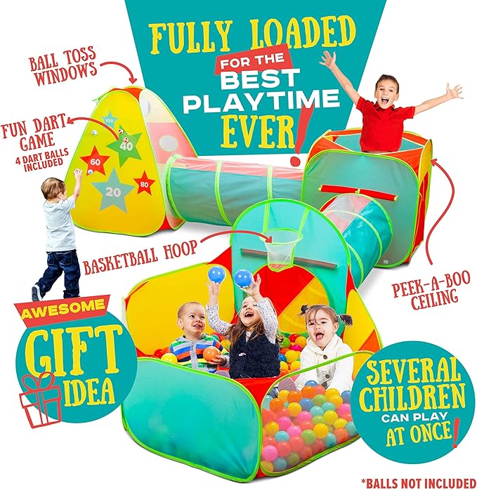 Kids Play Tent for Toddlers, 5pc Toddler Jungle Gym Playset with Ball Pit, Crawl Tunnel and Obstacle Course, Indoor Outdoor Playhouse Toy for Boys and Girls