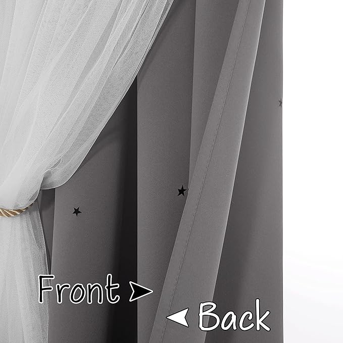 NICETOWN Star and Moon Hollow-Out Curtains for Kids Room, White Voile Overlay Princess with Blackout Curtains 2 Layer Grommet Window Drapes for Baby Bedroom/Halloween, 2 Panels (52W x 63L, Grey)