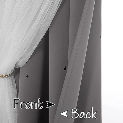 NICETOWN Star and Moon Hollow-Out Curtains for Kids Room, White Voile Overlay Princess with Blackout Curtains 2 Layer Grommet Window Drapes for Baby Bedroom/Halloween, 2 Panels (52W x 63L, Grey)