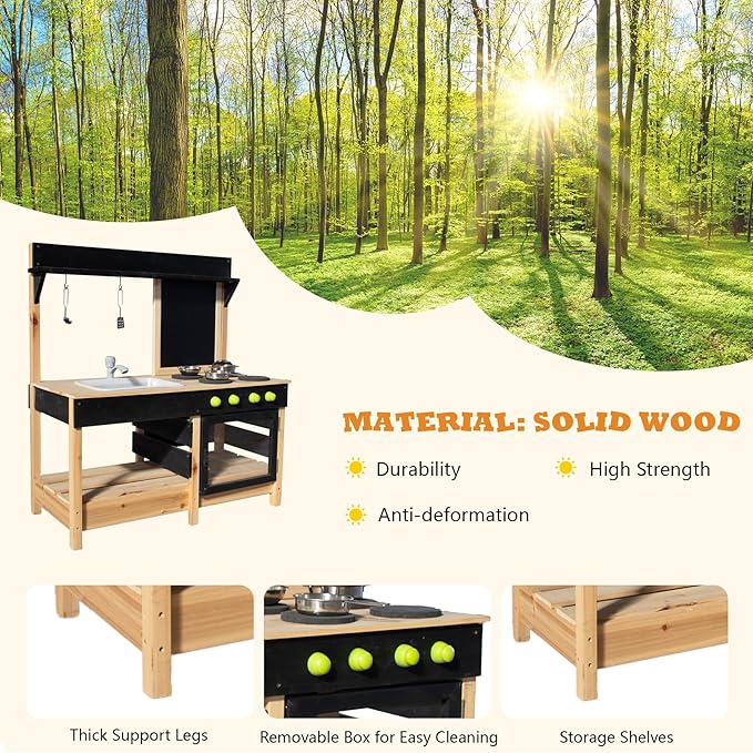 Mud Kitchen Playset for, Outdoor Wooden Toy Play Kitchen Set for Boys and Girls, Kitchen Accessories and Garden Sink with Faucet, Blackboard, Cookware Pot (Black)