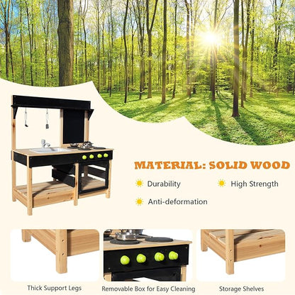 Mud Kitchen Playset for, Outdoor Wooden Toy Play Kitchen Set for Boys and Girls, Kitchen Accessories and Garden Sink with Faucet, Blackboard, Cookware Pot (Black)