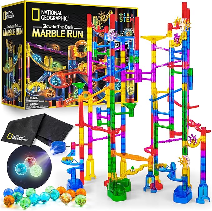 NATIONAL GEOGRAPHIC Glowing Marble Run – 250 Piece Construction Set with 50 Glow in The Dark Glass Marbles & Storage Bag, STEM Gifts for Boys and Girls, Building Project Toy (Amazon Exclusive)