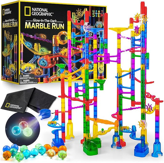 NATIONAL GEOGRAPHIC Glowing Marble Run – 250 Piece Construction Set with 50 Glow in The Dark Glass Marbles & Storage Bag, STEM Gifts for Boys and Girls, Building Project Toy (Amazon Exclusive)