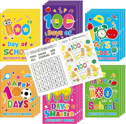 100th Day of School Activity Books for Kids - 24Pcs Happy 100 Days Mini Games Coloring Book Set Bulk Mazes Word Search Word Scramble Games for School Classroom Reward DIY Art Gifts Party Favors