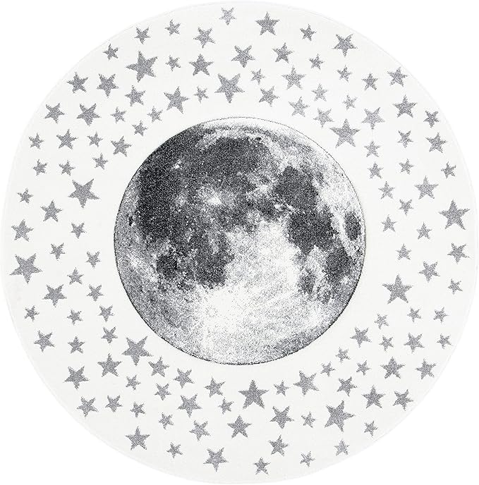 SAFAVIEH Carousel Kids Collection 4' Round Ivory/Grey CRK135A Moon & Stars Non-Shedding Playroom Nursery Bedroom Area Rug