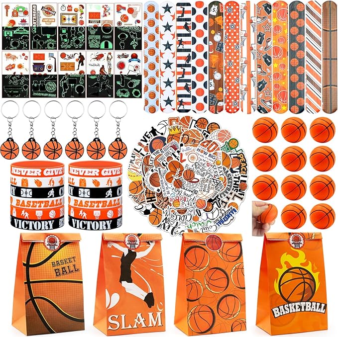 122Pcs Basketball Party Favors Basketball Goodie Bag Favors with Stress Ball Keychain Tattoo Sticker Silicone Bracelet for Basketball Themed Birthday Party Supplies