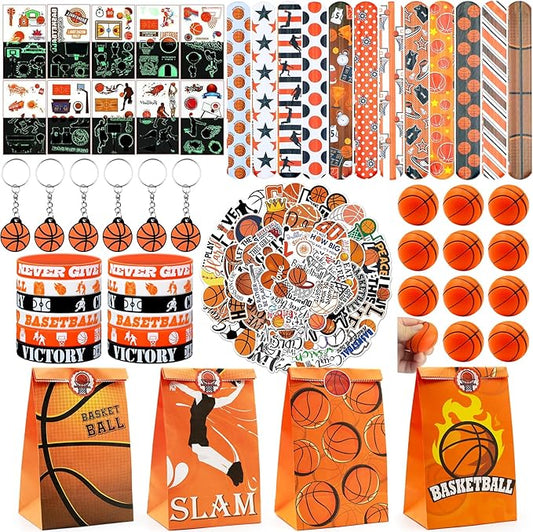 122Pcs Basketball Party Favors Basketball Goodie Bag Favors with Stress Ball Keychain Tattoo Sticker Silicone Bracelet for Basketball Themed Birthday Party Supplies