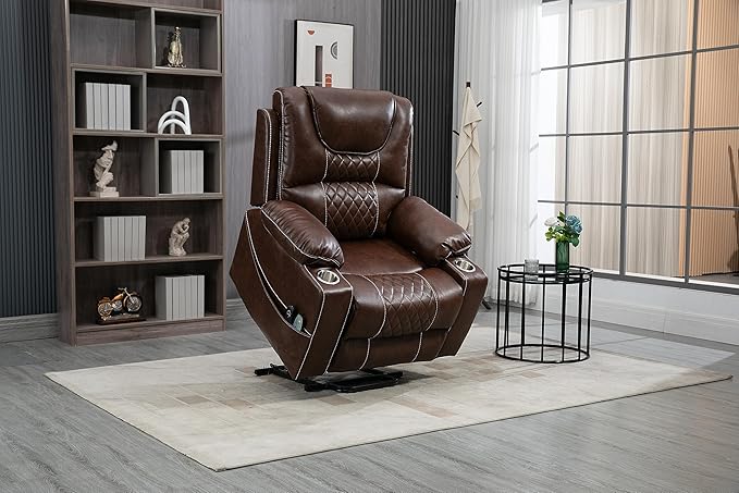FANYE Electric Power Lift Recliner Chair for Elderly W/Massage and Heat, Infinite Positions Two Remote Controllers Oversized Faux Leather Upholstered Recliner&Armchair W/Side Pockets & Cup Holders