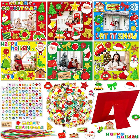 Qyeahkj 506pcs Christmas Foam Arts Craft Picture Frame Kit for Kids, 18 Sets Colorful Holiday Felt Picture Frame with Easel for DIY Xmas Winter Party Game Activities Favors Decors Supplies
