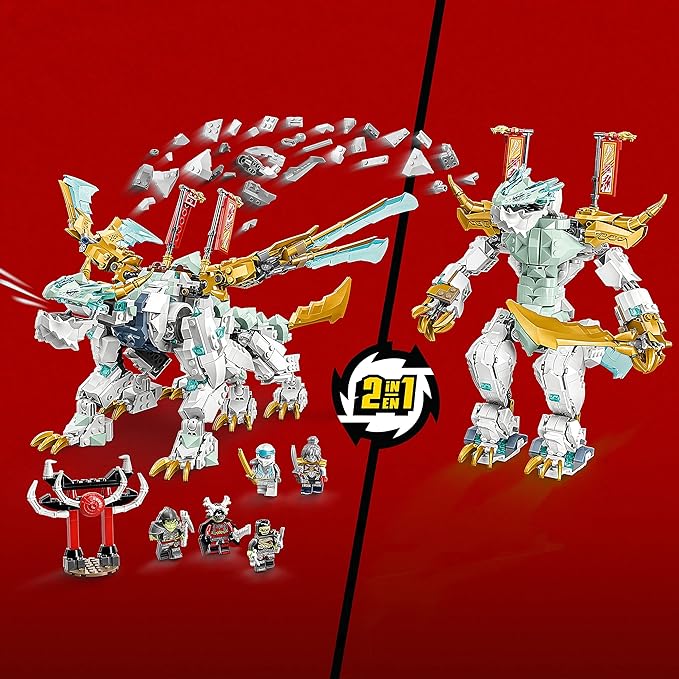 LEGO NINJAGO Zane’s Ice Dragon Creature 71786, 2in1 Dragon Toy to Action Figure Warrior, Model Building Kit, Construction Set for Kids with 5 Minifigures