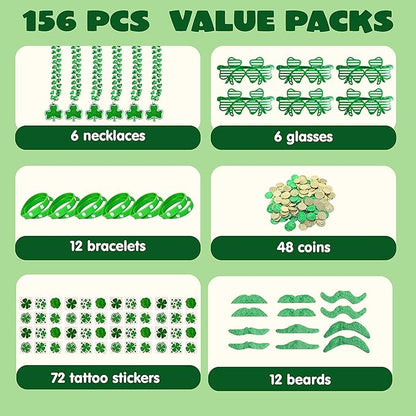 JOYIN 156 Pcs St. Patrick's Day Party Favor Set, 6 Necklaces 6 Eyeglasses 12 Bracelets 72 Temporary Tattoos 12 PCS Mustache 48 Plastic Coins St Patricks Day Accessories