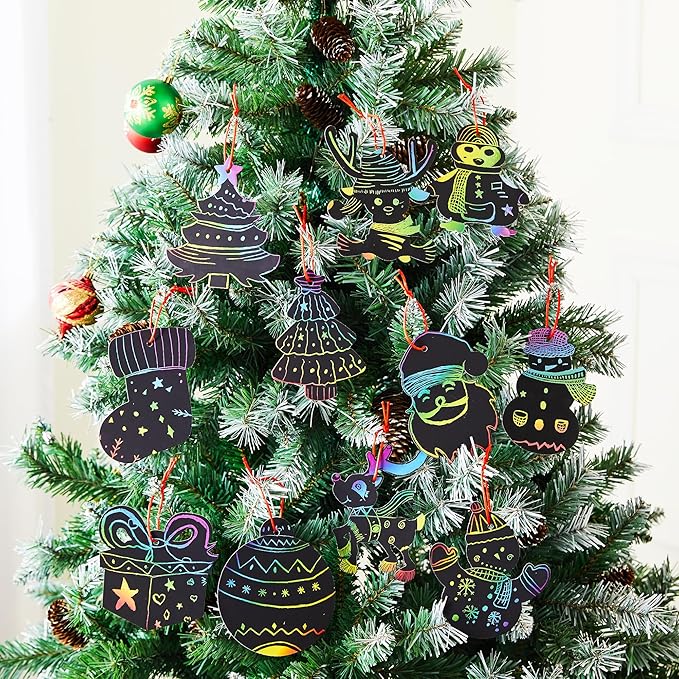JOYIN 72 Pcs Christmas Scratch Art Ornaments, Rainbow Color Scratch Paper Craft Kit Include Snowman, Christmas Tree, and Reindeer, Scratch Off Hanging Ornament for Kids Party Favor