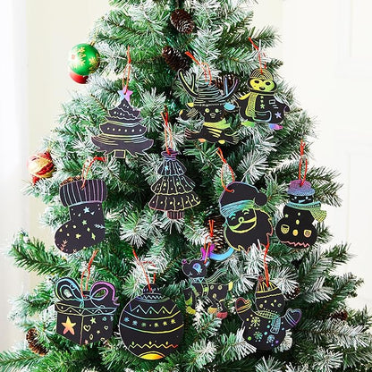 JOYIN 72 Pcs Christmas Scratch Art Ornaments, Rainbow Color Scratch Paper Craft Kit Include Snowman, Christmas Tree, and Reindeer, Scratch Off Hanging Ornament for Kids Party Favor