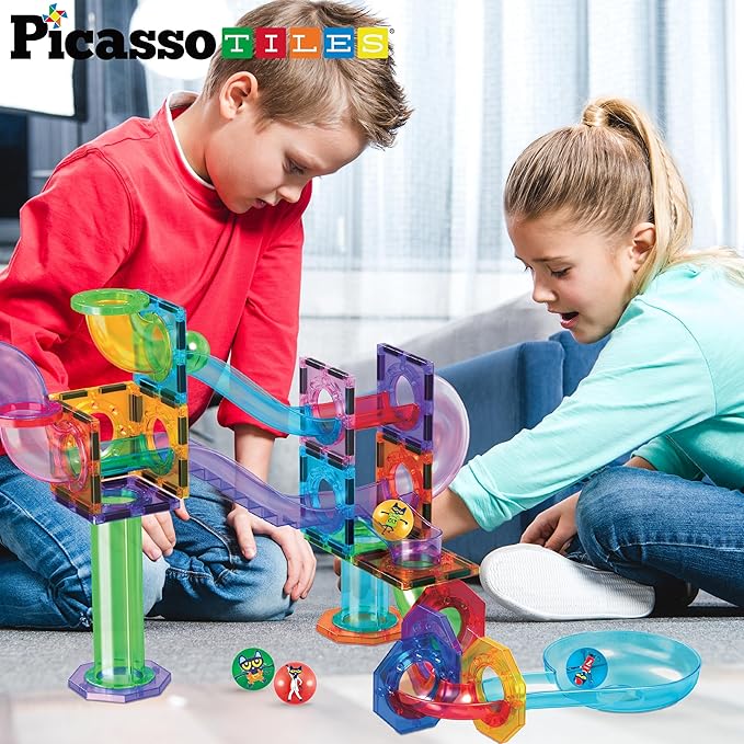 PicassoTiles Magnet Marble Run Tiles Pete The Cat Themed Character Marbles for Magnetic Building Block Construction Tile Maze Structures STEM Learning Pretend Play Fun Toys Girls Boys Ages 3+ PTG02