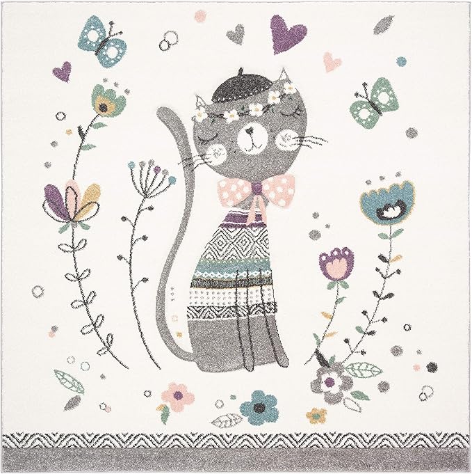 SAFAVIEH Carousel Kids Collection 8' Square Ivory/Pink CRK187A Cat Non-Shedding Nursery Playroom Area Rug