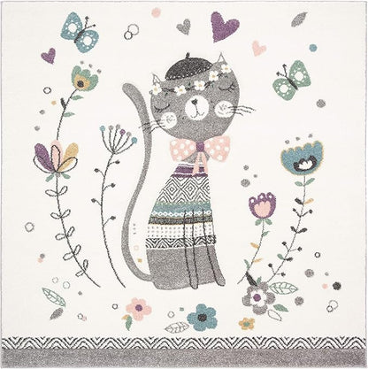 SAFAVIEH Carousel Kids Collection 8' Square Ivory/Pink CRK187A Cat Non-Shedding Nursery Playroom Area Rug