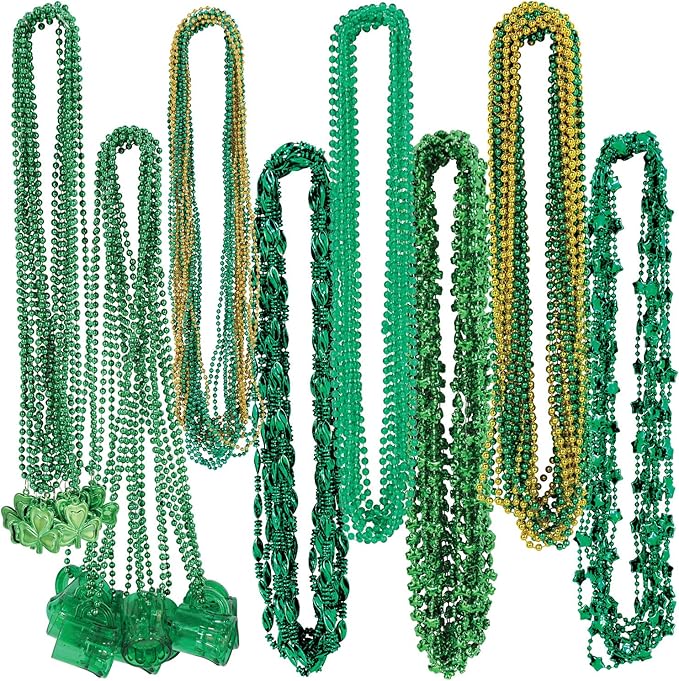 Beistle Happy St Patrick's Day Plastic Beaded Necklace Assortment 100 Piece Shamrock Party Favors, 24" & 33", Green/Gold
