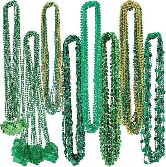 Beistle Happy St Patrick's Day Plastic Beaded Necklace Assortment 100 Piece Shamrock Party Favors, 24" & 33", Green/Gold