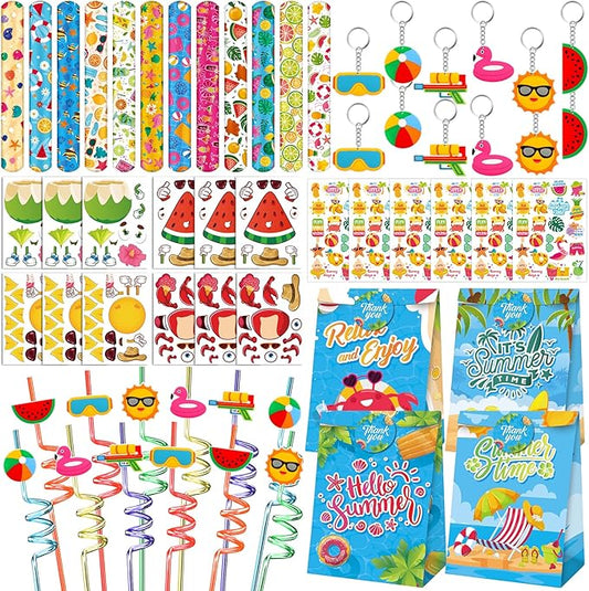 Erweicet Summer Beach Party Favors 72 PCS Summer Pool Slap Bracelets DIY Stickers Keychains Temporary Tattoos Plastic Straws Party Gift Bags for Hawaiian Luau Theme Birthday Party Baby Shower
