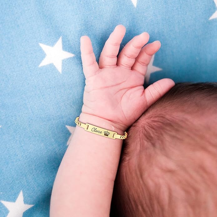 PUREFLY - Personalized Baby Name Bracelets with Birthstone, 18k Gold Plated, Adjustable Length, Double-Sided Customisable, with Gift Wrap