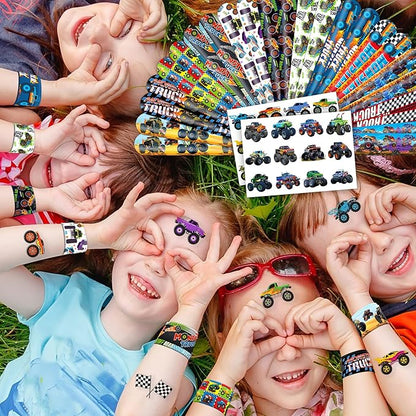 48PCS Monster Truck Party Favors - 24 Tattoos & 24 Slap Bracelets, Perfect for Big Car-Themed Birthdays, School Rewards, and Classroom Prizes for Boys & Girls
