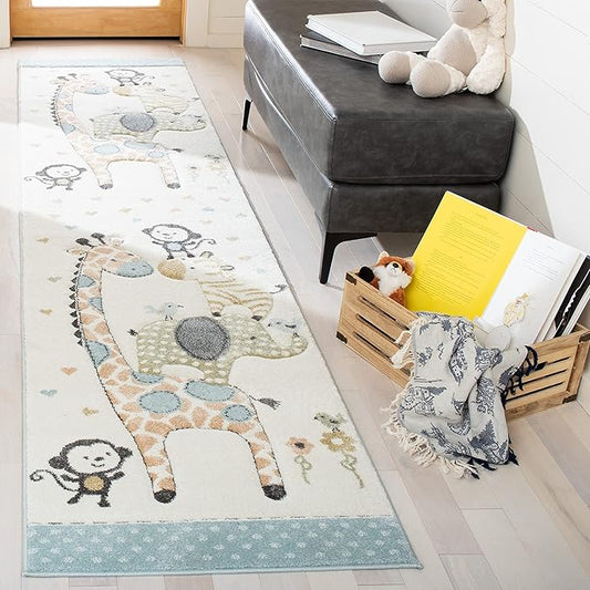 SAFAVIEH Carousel Kids Collection Runner Rug - 2'3" x 12', Ivory, Animal Design, Non-Shedding & Easy Care, Ideal for High Traffic Areas for Boys & Girls in Playroom, Nursery, Bedroom (CRK120A)