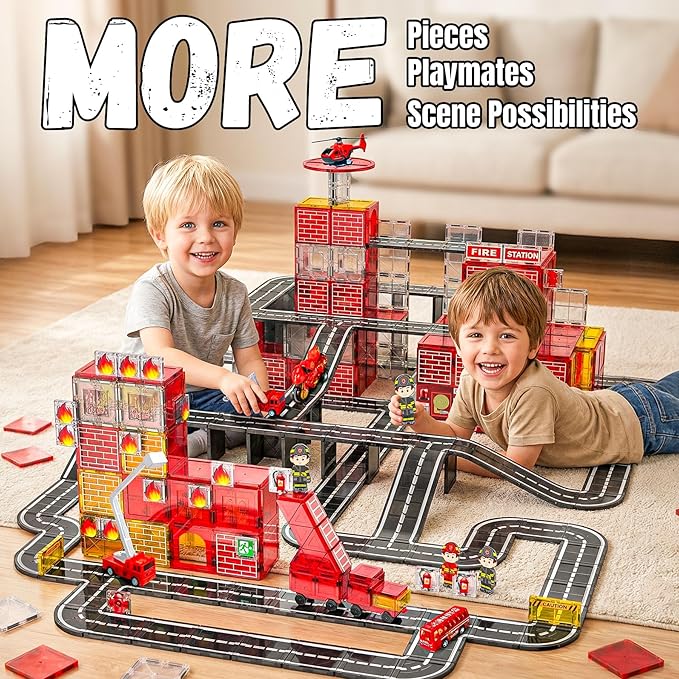 141PCS Magnetic Tiles for kids, Fire Rescue Theme Magnet Tiles with Fire Station & Fire Rescue Vehicles, STEM Magnetic Tiles for Kids Ages 4-8, Preschool Educational Building Toys for Boys & Girls