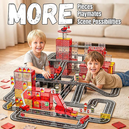 141PCS Magnetic Tiles for kids, Fire Rescue Theme Magnet Tiles with Fire Station & Fire Rescue Vehicles, STEM Magnetic Tiles for Kids Ages 4-8, Preschool Educational Building Toys for Boys & Girls