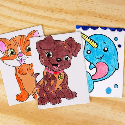 Horizon Group USA Pre-Printed Canvas & Paint Art Set, Ready to Paint 5" X 7" Canvas Panels, 12 Tempera Paints, 6 Easy-Grip Assorted Paintbrushes Included. Dog, Cat, Glitter Narwhal.