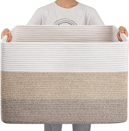OIAHOMY 108L Super Large Blanket Basket, 25”x16”x16”(108L) Rectangle Woven Baskets for Storage, Cotton Rope Basket For Living Room, Toy Storage with Handle- Gradient Brown