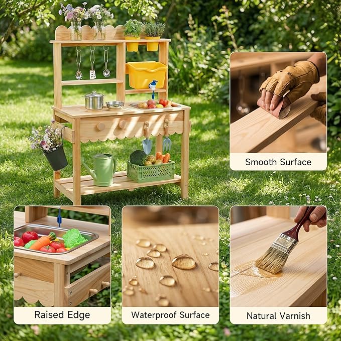 Wooden Mud Kitchen for Kids Outdoor - Play Kitchen with Real Running Water Sink & Removable Sink, 10-Piece Accessory Set with Stainless Steel Cookware & Planter Pots, Montessori Toy Gift for Ages 3+