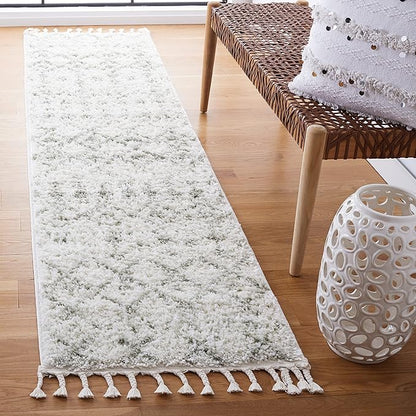 SAFAVIEH Berber Fringe Shag Collection Runner Rug - 2'2" x 8', Ivory & Sage, Moroccan Design, Non-Shedding & Easy Care, 1.2-inch Thick Ideal for High Traffic Areas in Living Room, Bedroom (BFG516H)
