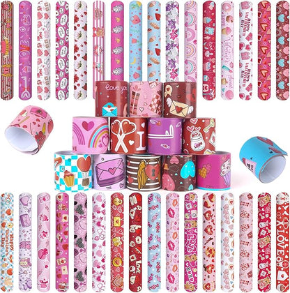 MCPINKY 64PCS Valentines Day Slap Bracelets, Slap Wristbands Assorted Red Valentines Day Snap Bands for Valentine's Day Party Favors Kids Class Rewards