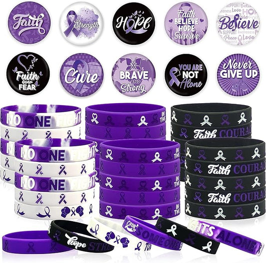 60 Pcs Purple Ribbon Awareness Accessories Stuff Include Purple Ribbon Silicone Bracelet Rubber Wristband and Button Badges Pins for Animal Abuse, Alzheimer's Pancreatic Cancer Gifts Party Supplies