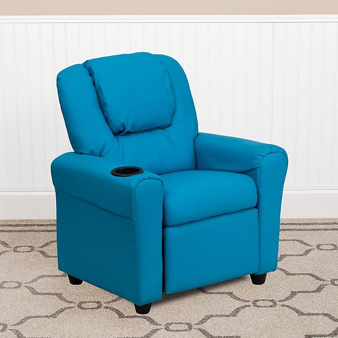 Flash Furniture Vana Vinyl Kids Recliner with Cup Holder, Headrest, and Safety Recline, Contemporary Reclining Chair for Kids, Supports up to 90 lbs., Turquoise