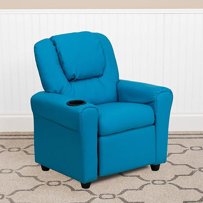 Flash Furniture Vana Vinyl Kids Recliner with Cup Holder, Headrest, and Safety Recline, Contemporary Reclining Chair for Kids, Supports up to 90 lbs., Turquoise