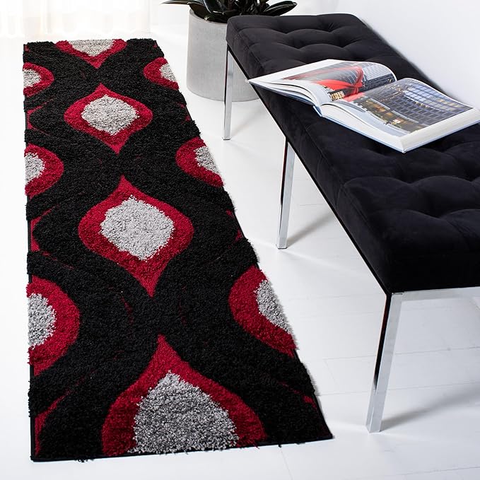 SAFAVIEH Florida Shag Collection Runner Rug - 2'3" x 9', Black & Red, Modern Ogee Design, Non-Shedding & Easy Care, 1.2-inch Thick Ideal for High Traffic Areas in Living Room, Bedroom (SG461-9040)