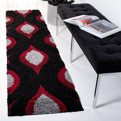 SAFAVIEH Florida Shag Collection Runner Rug - 2'3" x 9', Black & Red, Modern Ogee Design, Non-Shedding & Easy Care, 1.2-inch Thick Ideal for High Traffic Areas in Living Room, Bedroom (SG461-9040)