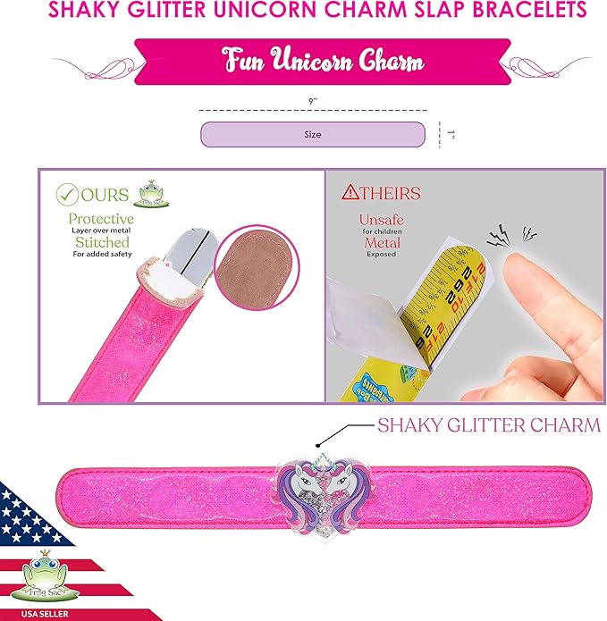 FROG SAC Unicorn Slap Bracelet for Kids with Glitter Shaker Charm, Unicorn Charms Glitter Snap Bracelets for Girls, Unicorn Toy Wristbands, Girl Birthday Party Favors, Stocking Stuffers