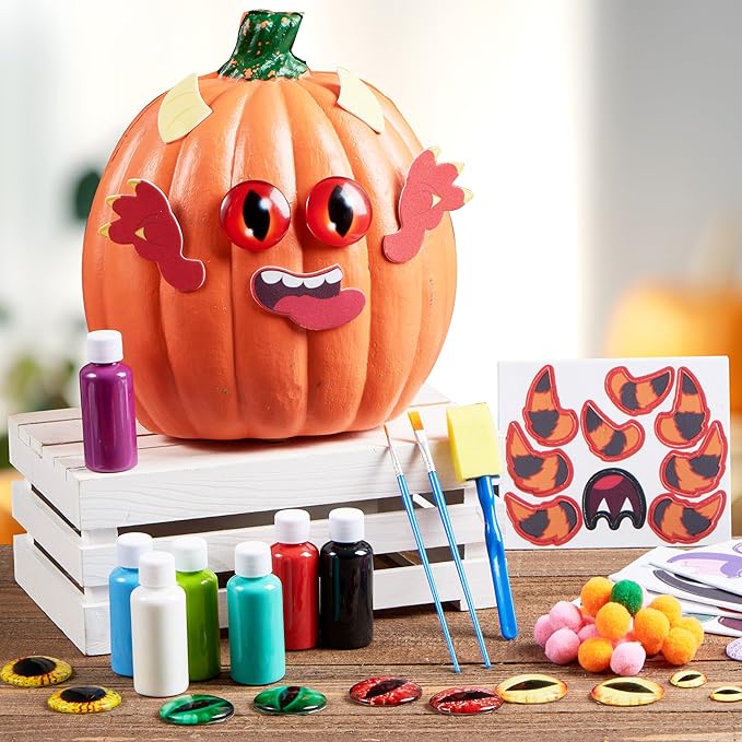 Klever Kits Halloween Pumpkin Painting Decorating Kit for Kids, Art and Craft Party Favors, Halloween Party Games Classroom Activities, DIY Coloring Set with 9 Characters Designs and Realistic Eyes