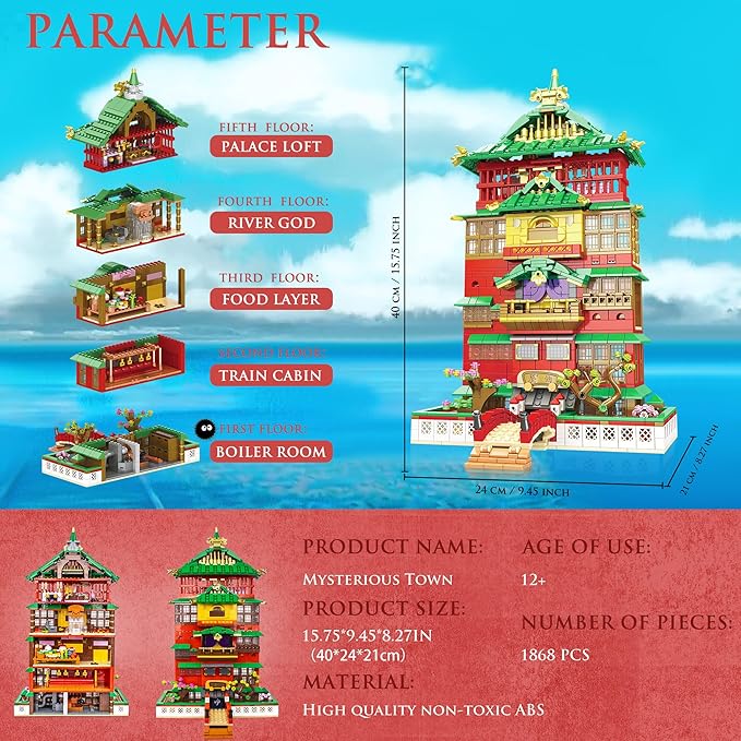 Architectural House Sets Spirited Away Building Block Set, Creative Anime House Building Block Set, Suitable for Adults and Kids Over 12 Years Old (1868pcs)