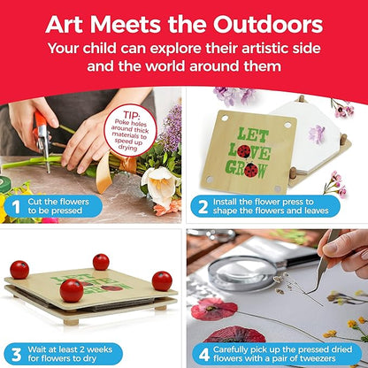 Gardening Pretend Play Set & Flower Press Kit - Kids Gardening Set with Apron, Pair of Gloves, 3 Gardening Tools, Wooden Flower & Leaf Press - Safe Outdoor Gardening Tools for Kids & Teens