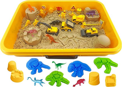 INvench Construction Dinosaur Play Sand Set - 38 Pieces Sensory Bin Sand Kit Include 2 lbs Magic Sand, Construction Vehicle, Dinsoaur Figures, Dinosaur & Castle Molds for 3 4 5 Year Old Toddlers Kids