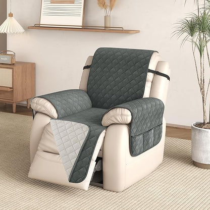 CHUN YI Recliner Chair Cover, Non-Slip Recliner Covers, Washable Lazy Boy Recliner Covers with Pockets, Water Resistant Recliner Slipcover for Pets (Dark Grey, Small Recliner)