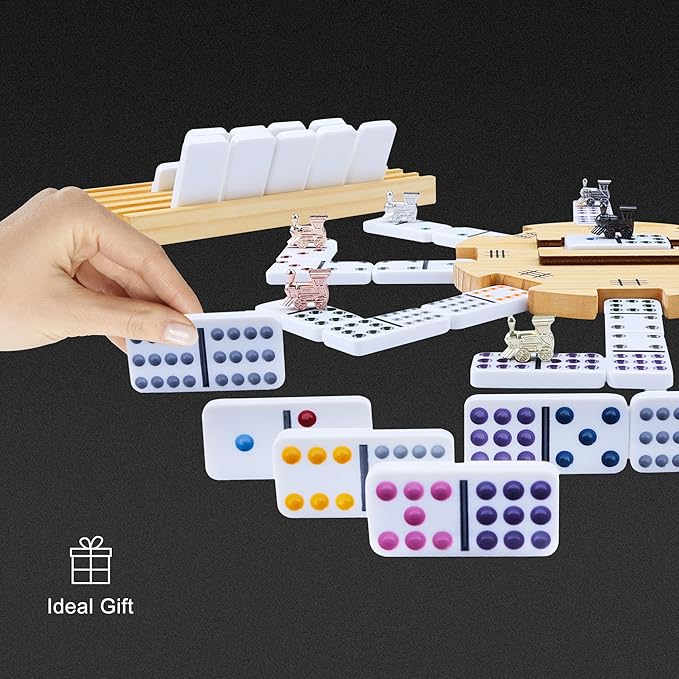 GOTHINK Mexican Train Dominoes Set, 91 Tiles Double 12 Dominos Set for Adults and Family, with Wooden Trays*8, Metal Trains*9, Wooden Hub & Scoreboards, Dominoes Tile Board Game in Storage Case Games