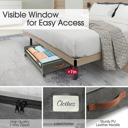 Yecaye Under Bed Storage with Wheels, 4 Pack 60L Under Bed Rolling Storage with Clear Window & Label, Underbed Storage Containers, Rolling Under Bed Metal Drawer for Clothes, Shoes, Books