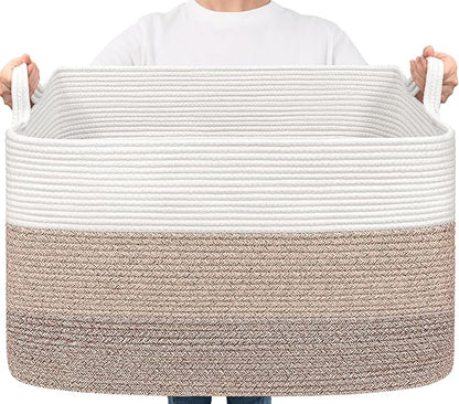 Goodpick Large Woven Blanket Basket 23.6" x 15.7" x 13.8" Cotton Rope Storage Organizer for Dirty Clothes Pillows, Soft Toy Storage Basket for Nursery Home Decor, White & Light Brown