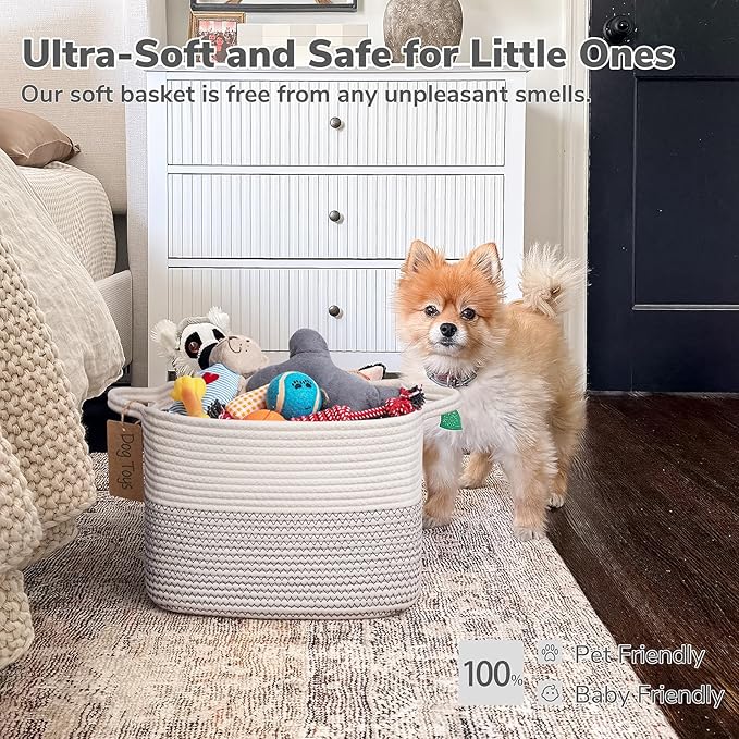 Goodpick Woven Storage Basket, Cotton Rope Baby Laundry Basket for Toy Storage, 13" x 10" x 9" Rectangle Stylish Gift Baskets with Handles, Decorative Clothes Organizer for Bedroom