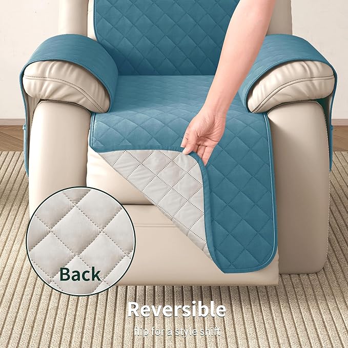 CHUN YI Recliner Chair Cover, Non-Slip Recliner Covers That Stay in Place, Washable Lazy Boy Recliner Covers with Pockets, Water Resistant Recliner Slipcover for Pets (Blue, Small Recliner)